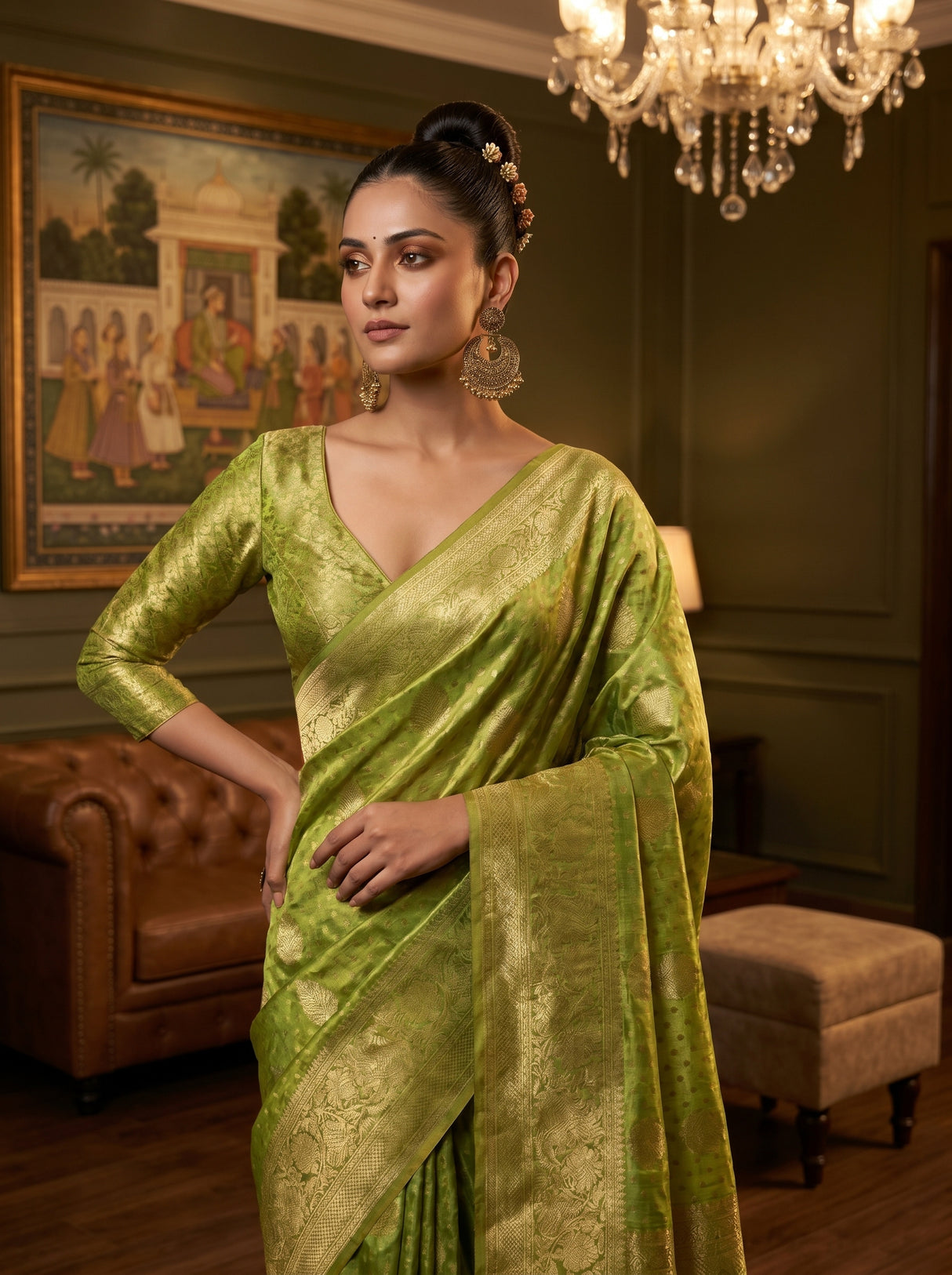 MIMOSA Olive Kanjivaram Art Silk Saree — pose 10 styling detail