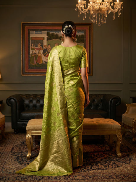 MIMOSA Olive Kanjivaram Art Silk Saree — Unstitched blouse fabric detail