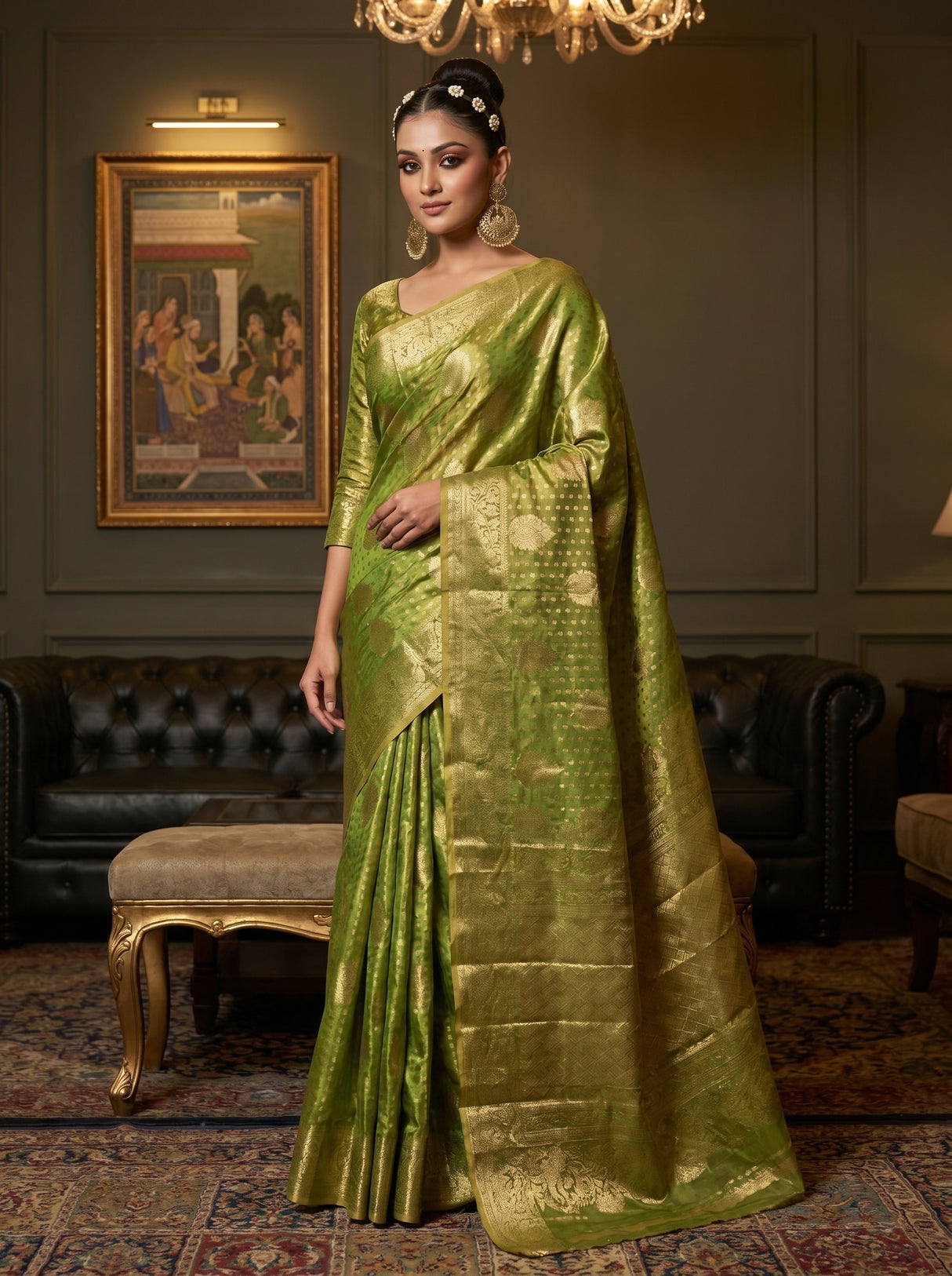 MIMOSA Olive Kanjivaram Art Silk Saree — pose 4 styling detail