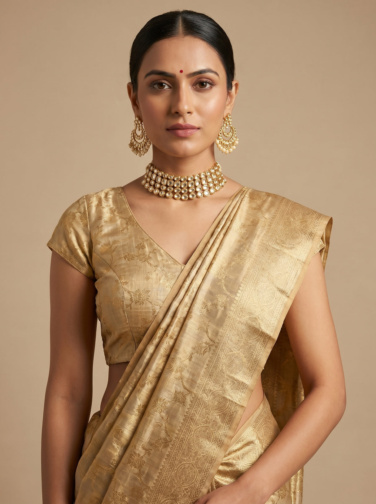 MIMOSA Chikoo Kanjivaram Art Silk Saree — Full View on Model