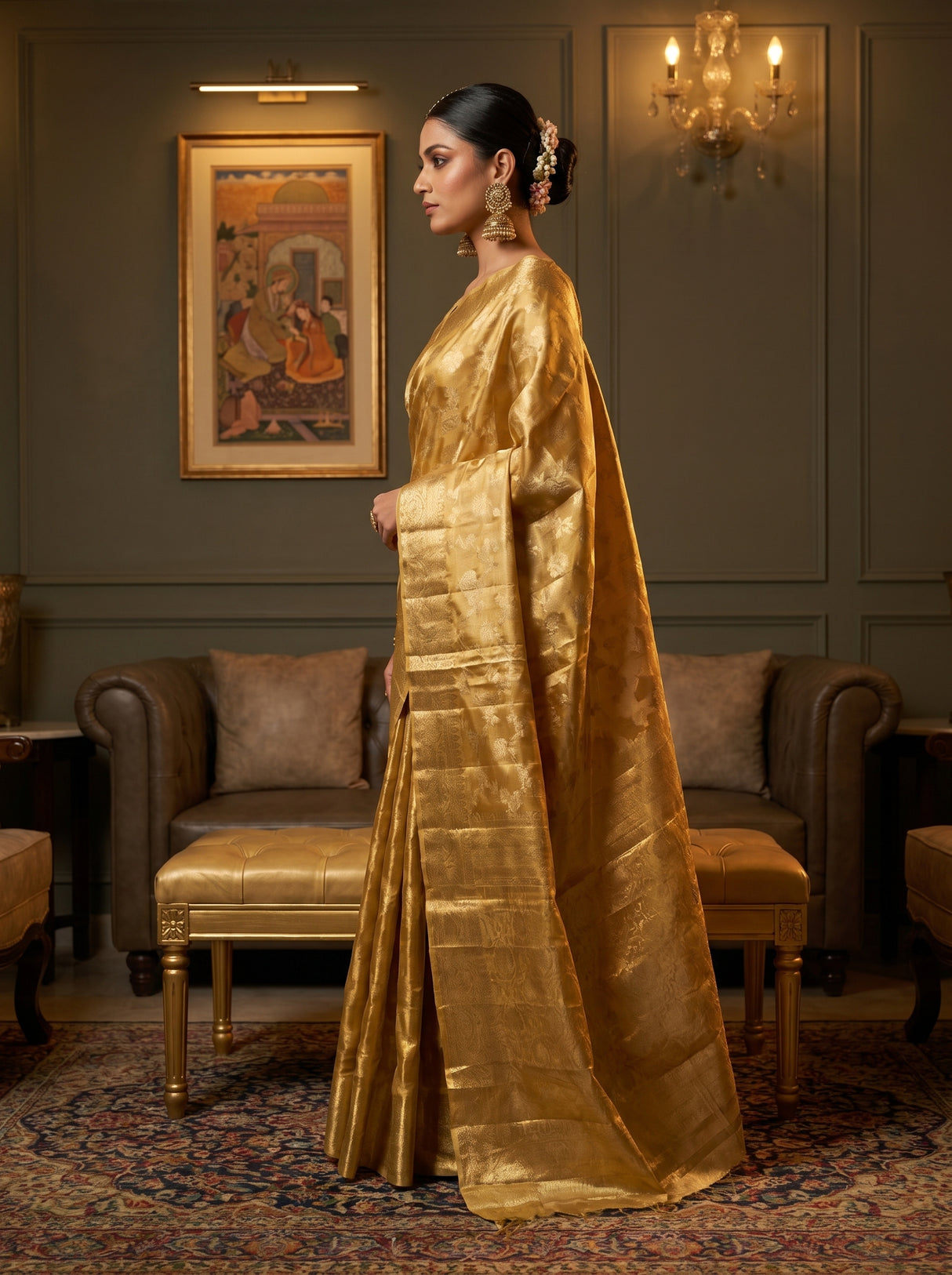 MIMOSA Mustard Kanjivaram Art Silk Saree — Full View on Model