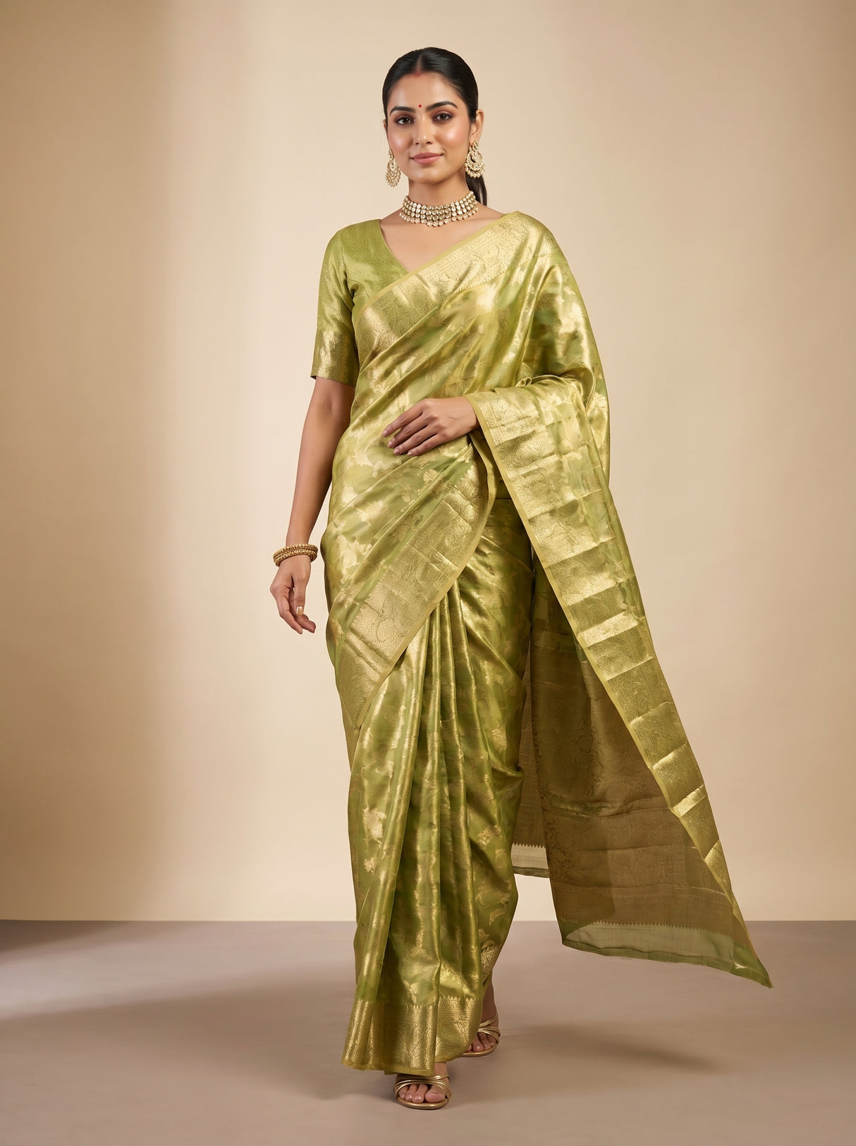 MIMOSA Olive Kanjivaram Art Silk Saree — pose 6 styling detail
