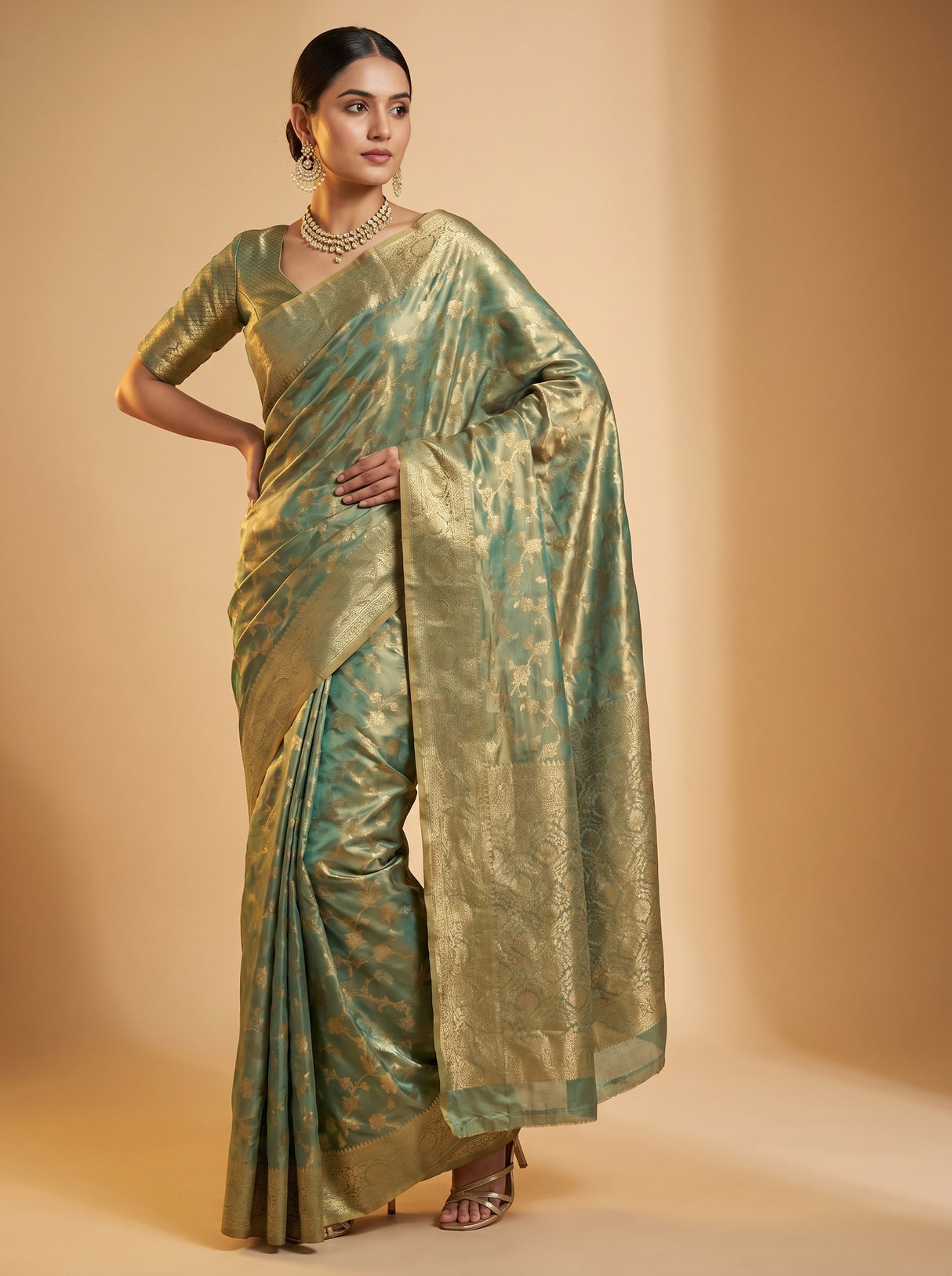 MIMOSA Rama Kanjivaram Art Silk Saree — Full View on Model