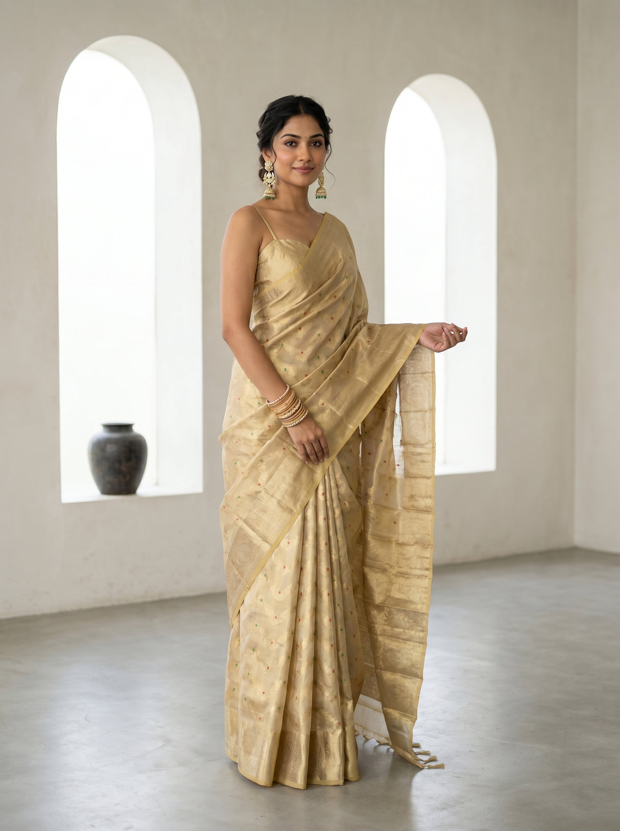 MIMOSA Chikoo Kanjivaram Art Silk Saree — full length lifestyle view