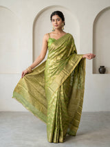 MIMOSA Olive Kanjivaram Art Silk Saree — full length lifestyle view