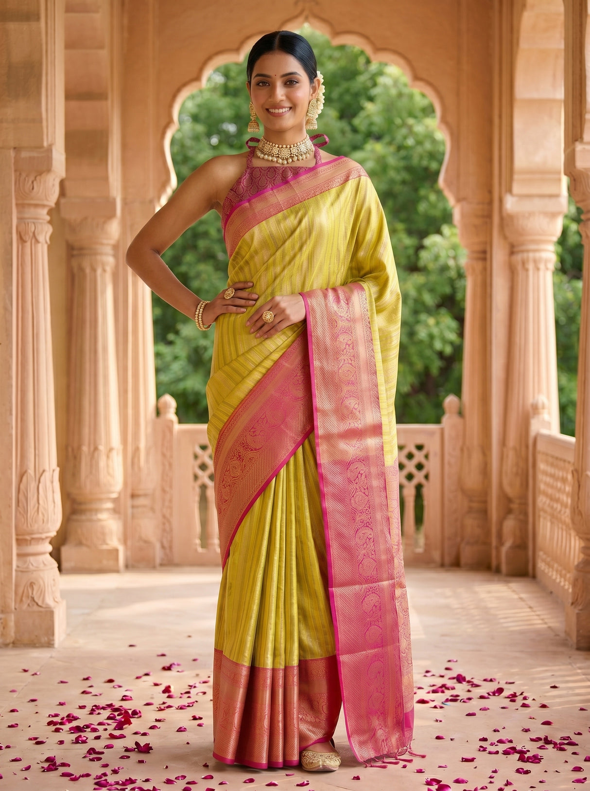 MIMOSA Gold Banarasi Art Silk Saree — pose 4 styling detail