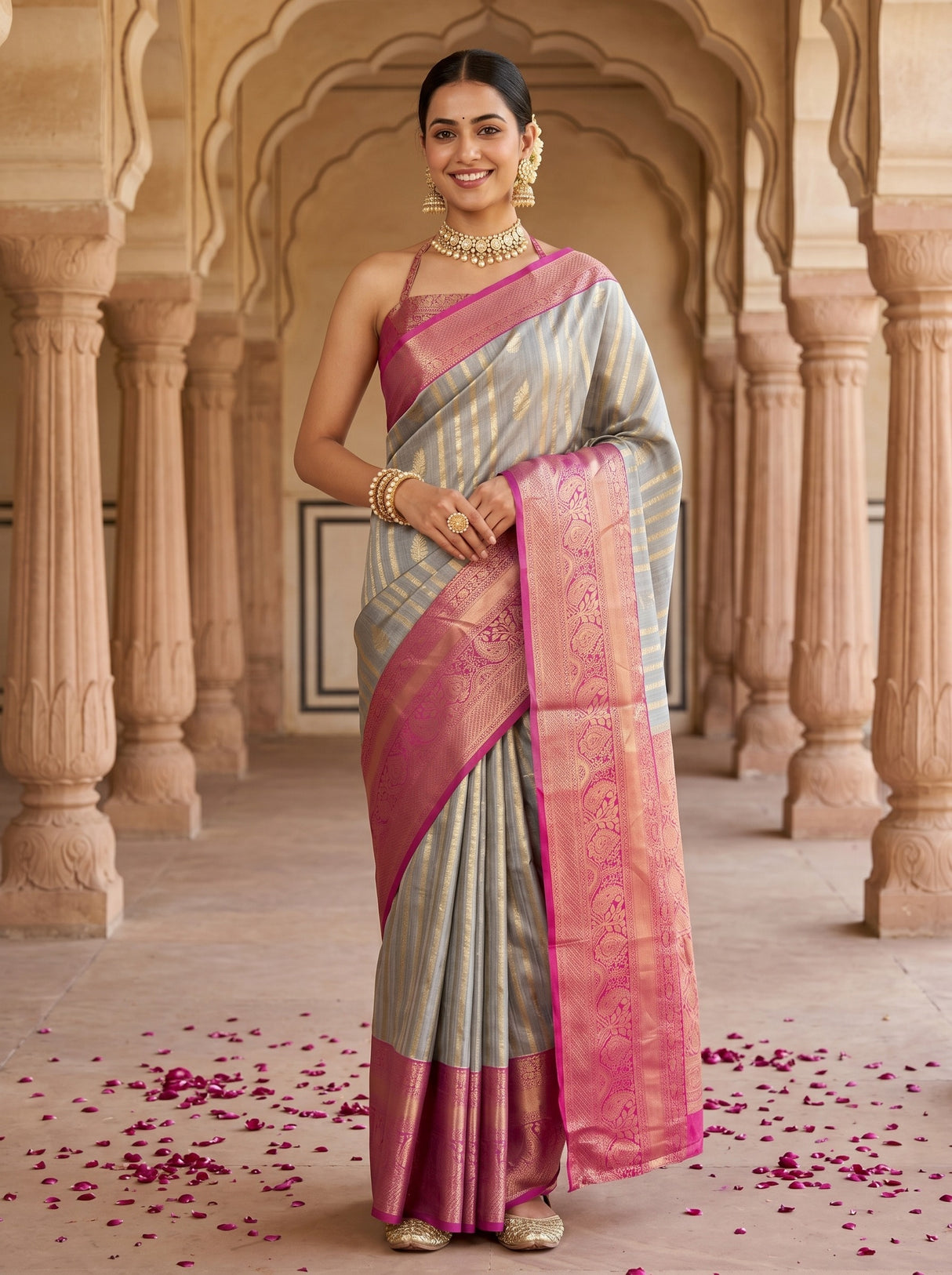 MIMOSA Grey Banarasi Art Silk Saree — AI Model lifestyle