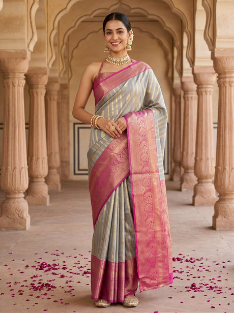 MIMOSA Grey Banarasi Art Silk Saree — AI Model lifestyle