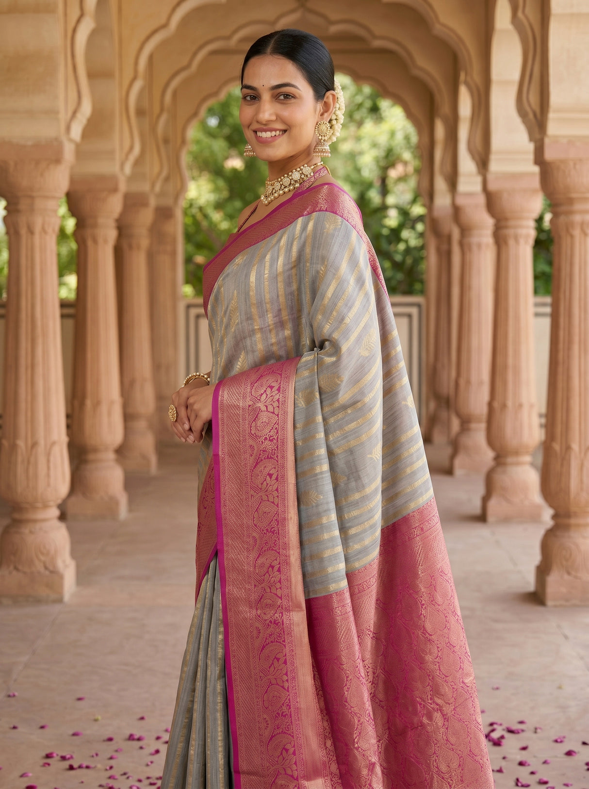 MIMOSA Grey Banarasi Art Silk Saree — pose 10 styling detail