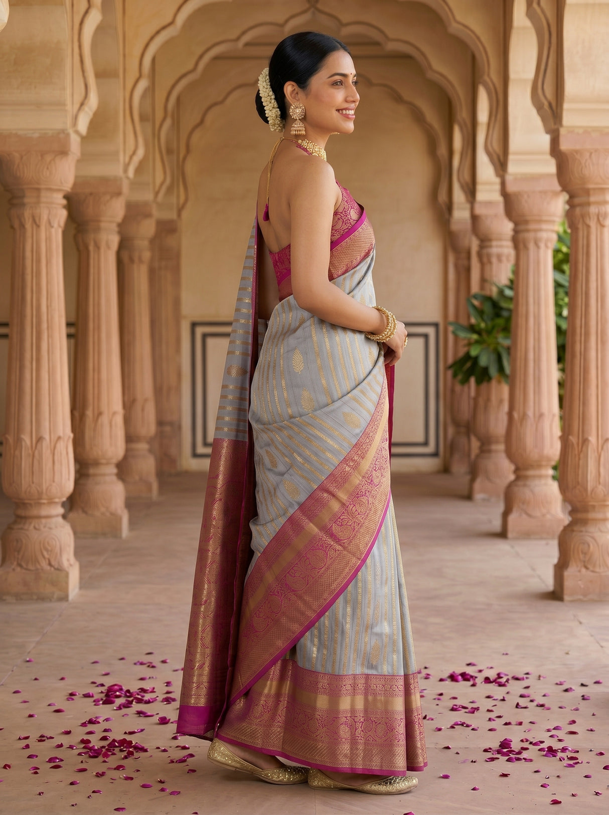 MIMOSA Grey Banarasi Art Silk Saree — pose 3 styling detail