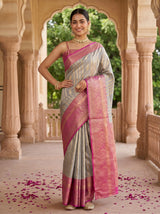 MIMOSA Grey Banarasi Art Silk Saree — pose 4 styling detail