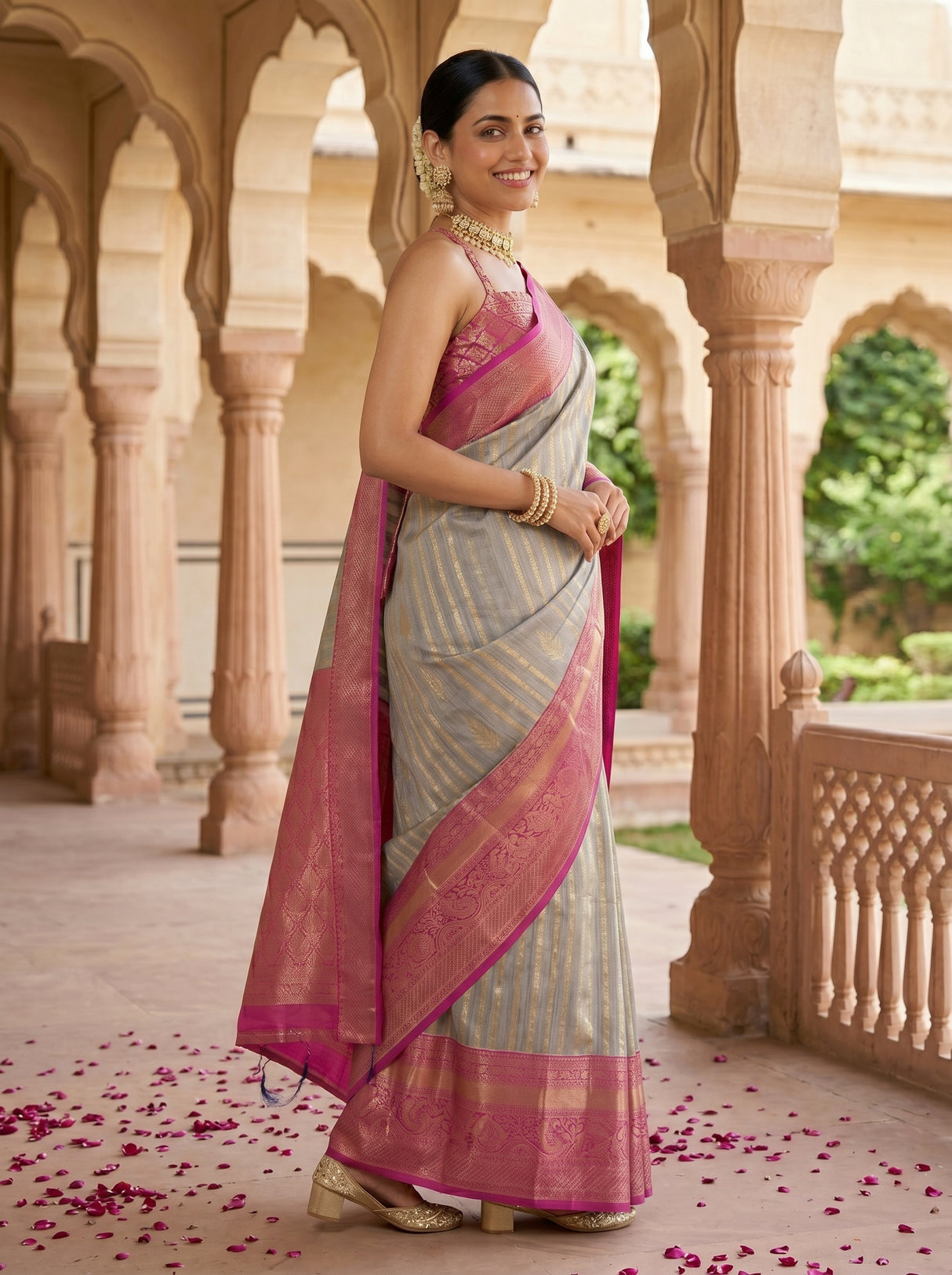 MIMOSA Grey Banarasi Art Silk Saree — pose 5 styling detail