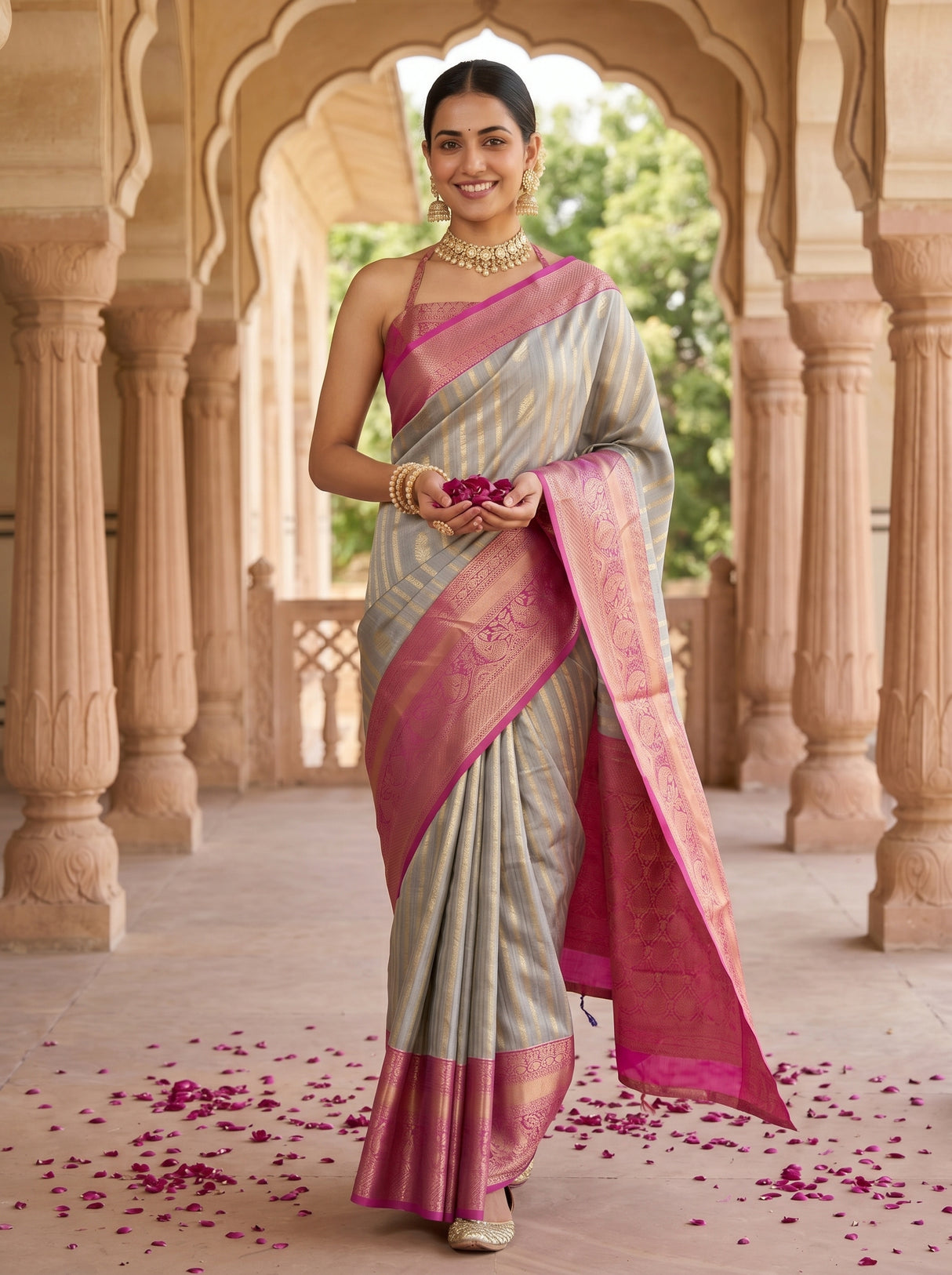 MIMOSA Grey Banarasi Art Silk Saree — pose 6 styling detail