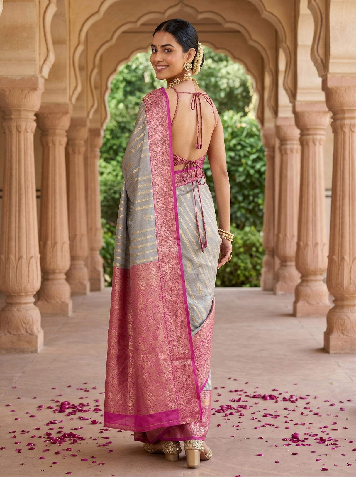MIMOSA Grey Banarasi Art Silk Saree — pose 7 styling detail