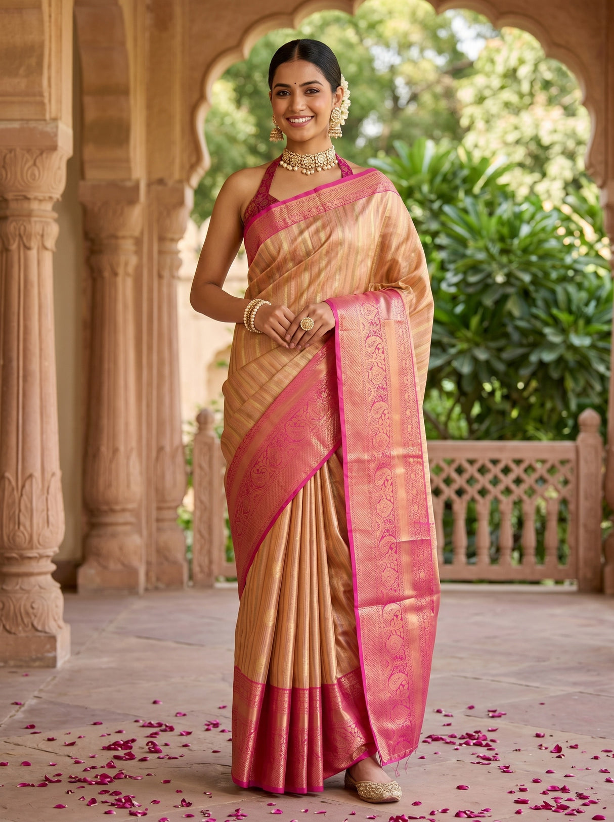 MIMOSA Peach Banarasi Art Silk Saree — AI Model lifestyle