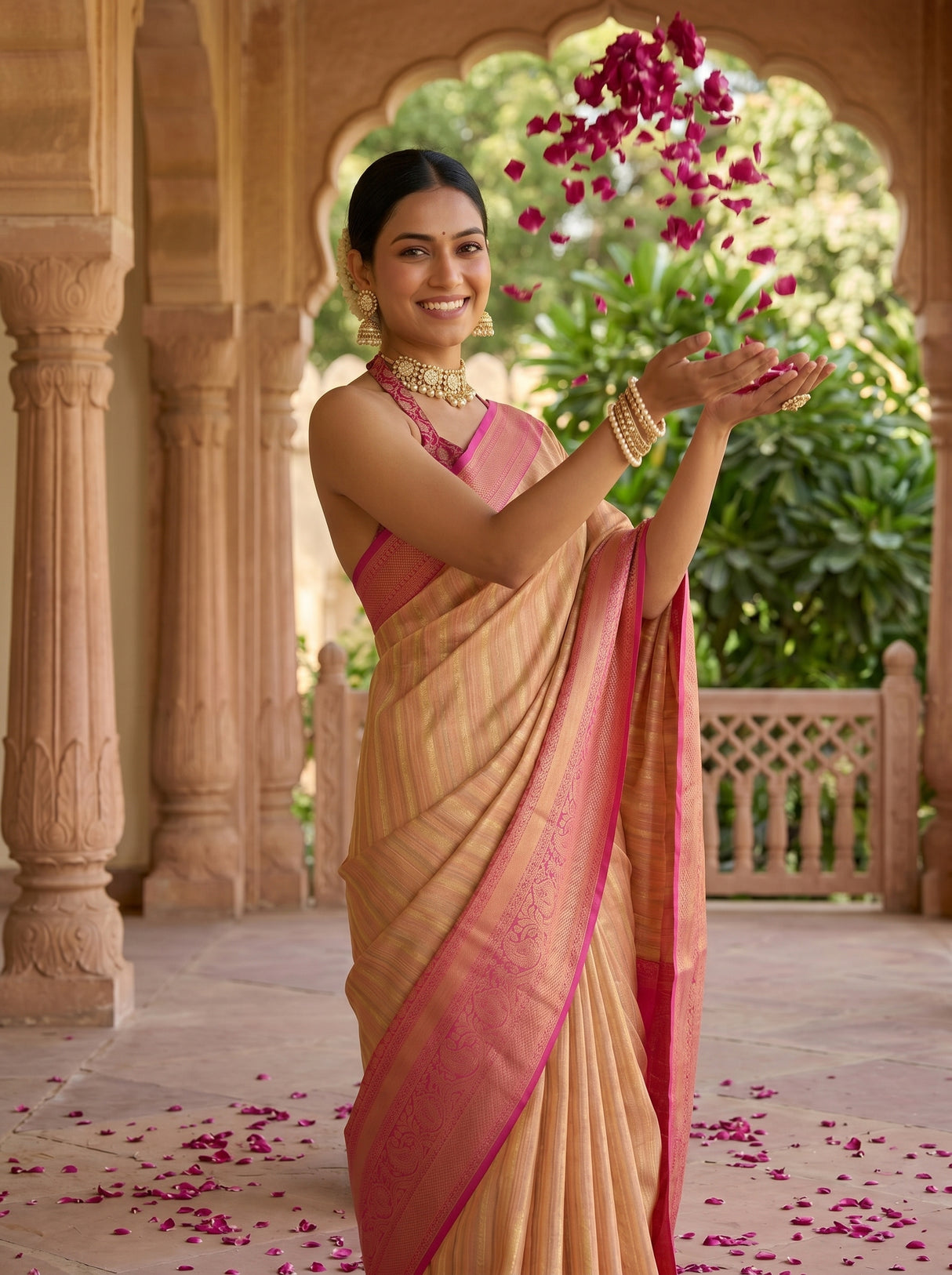 MIMOSA Peach Banarasi Art Silk Saree — pose 10 styling detail