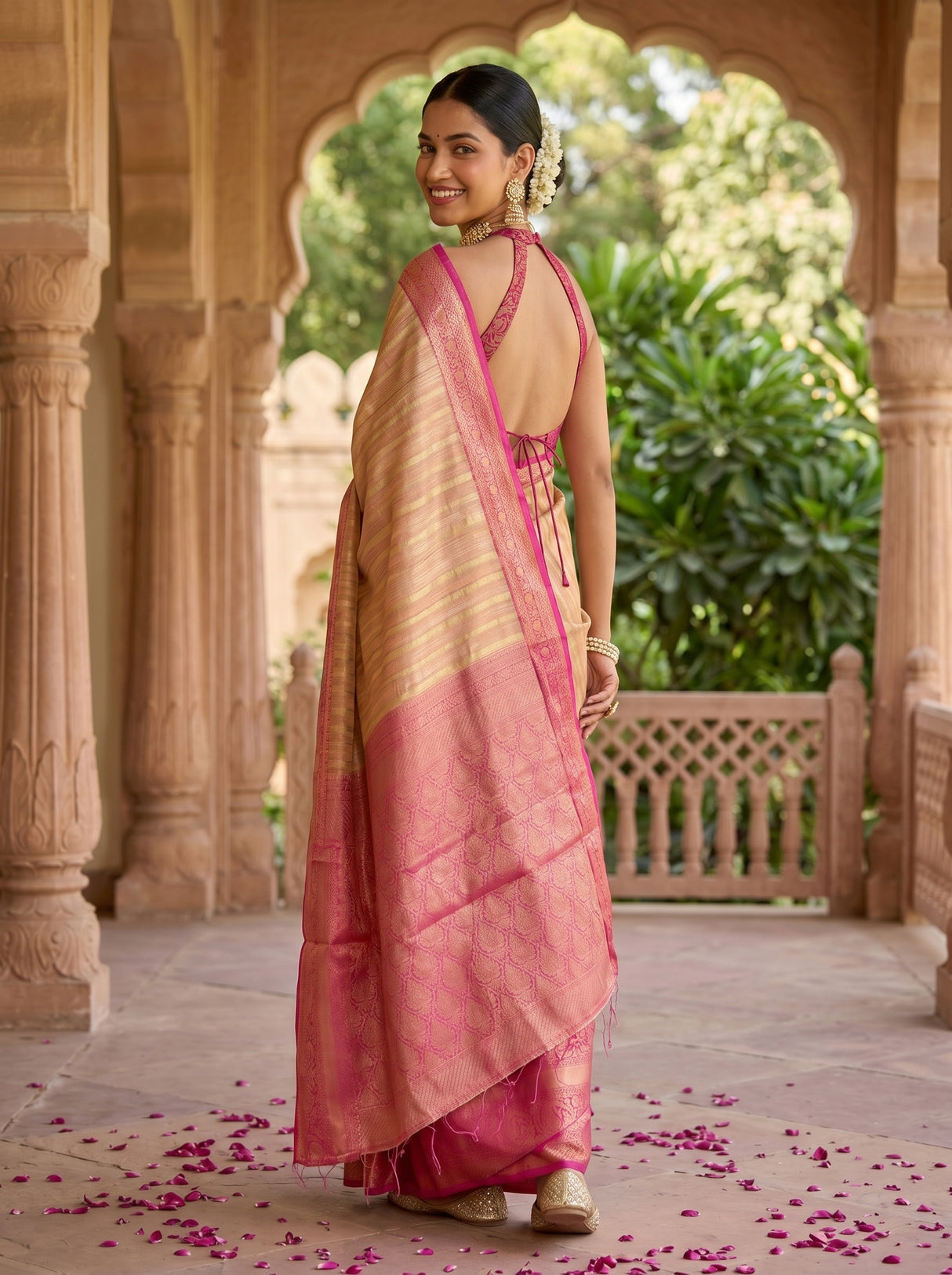 MIMOSA Peach Banarasi Art Silk Saree — pose 7 styling detail