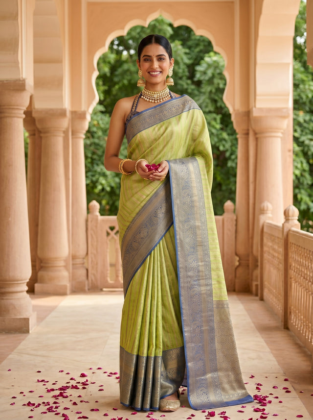 MIMOSA Parrot Green Banarasi Art Silk Saree — AI Model lifestyle