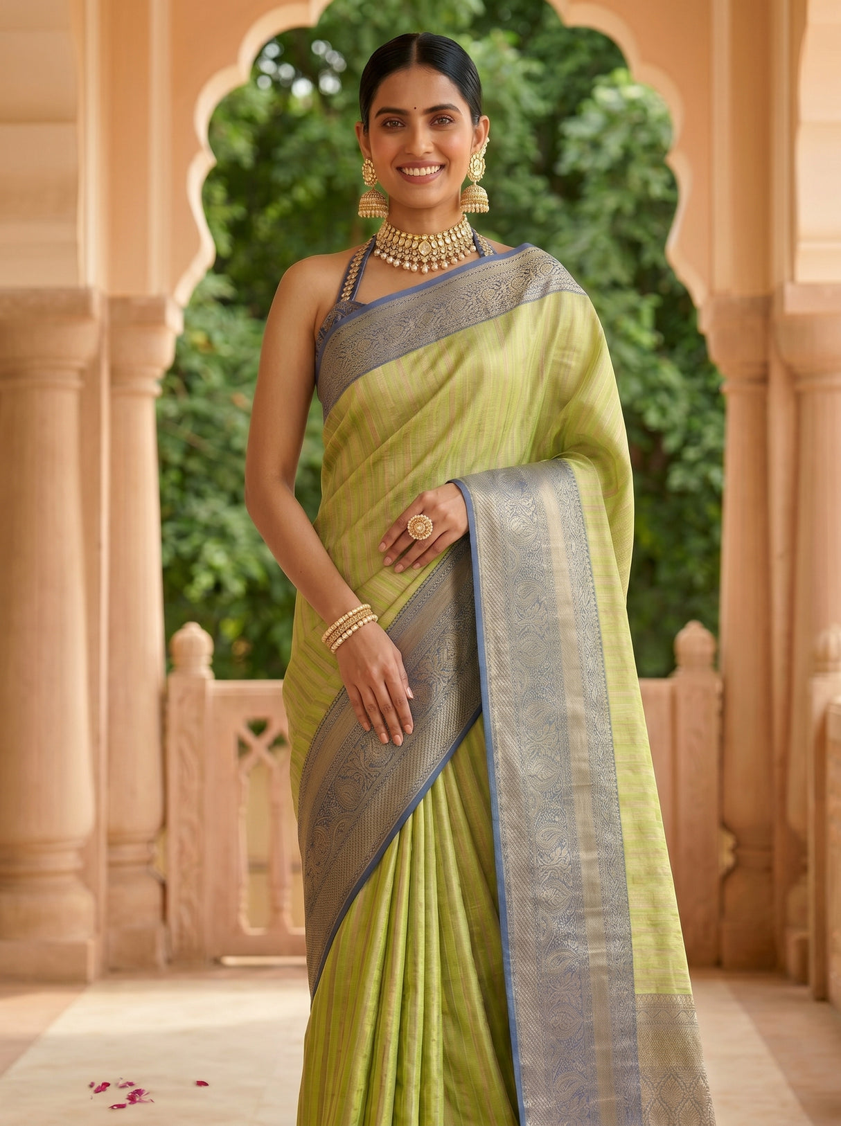 MIMOSA Parrot Green Banarasi Art Silk Saree — pose 10 styling detail