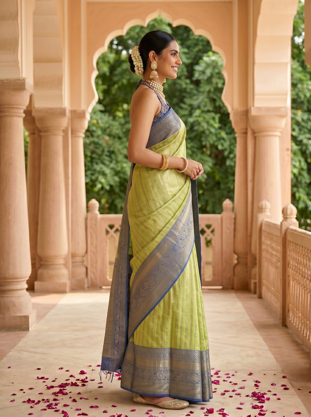 MIMOSA Parrot Green Banarasi Art Silk Saree — pose 3 styling detail