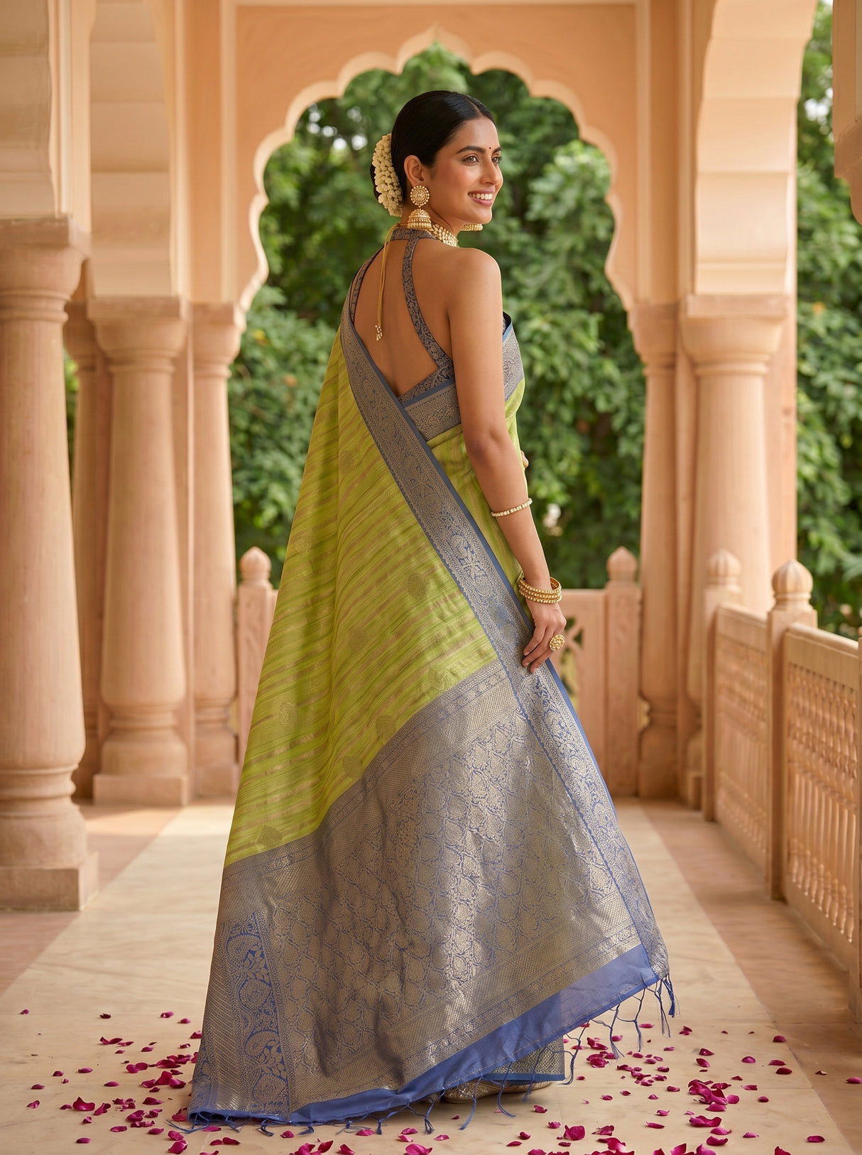 MIMOSA Parrot Green Banarasi Art Silk Saree — pose 5 styling detail
