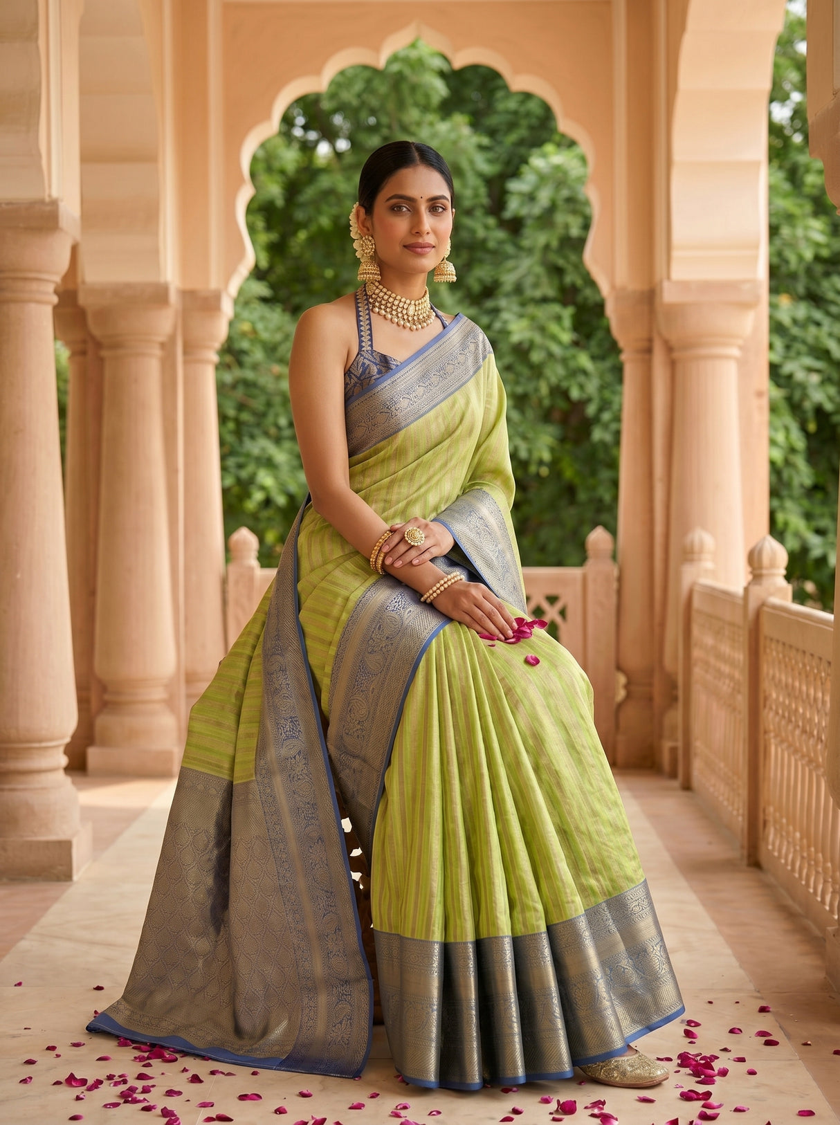 MIMOSA Parrot Green Banarasi Art Silk Saree — pose 8 styling detail