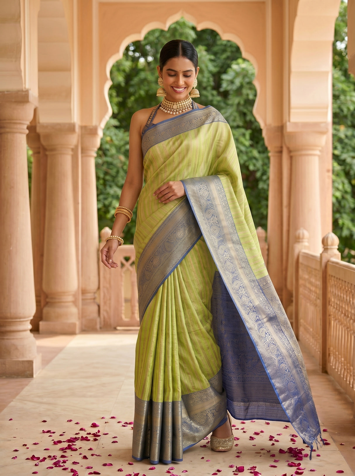 MIMOSA Parrot Green Banarasi Art Silk Saree — pose 9 styling detail