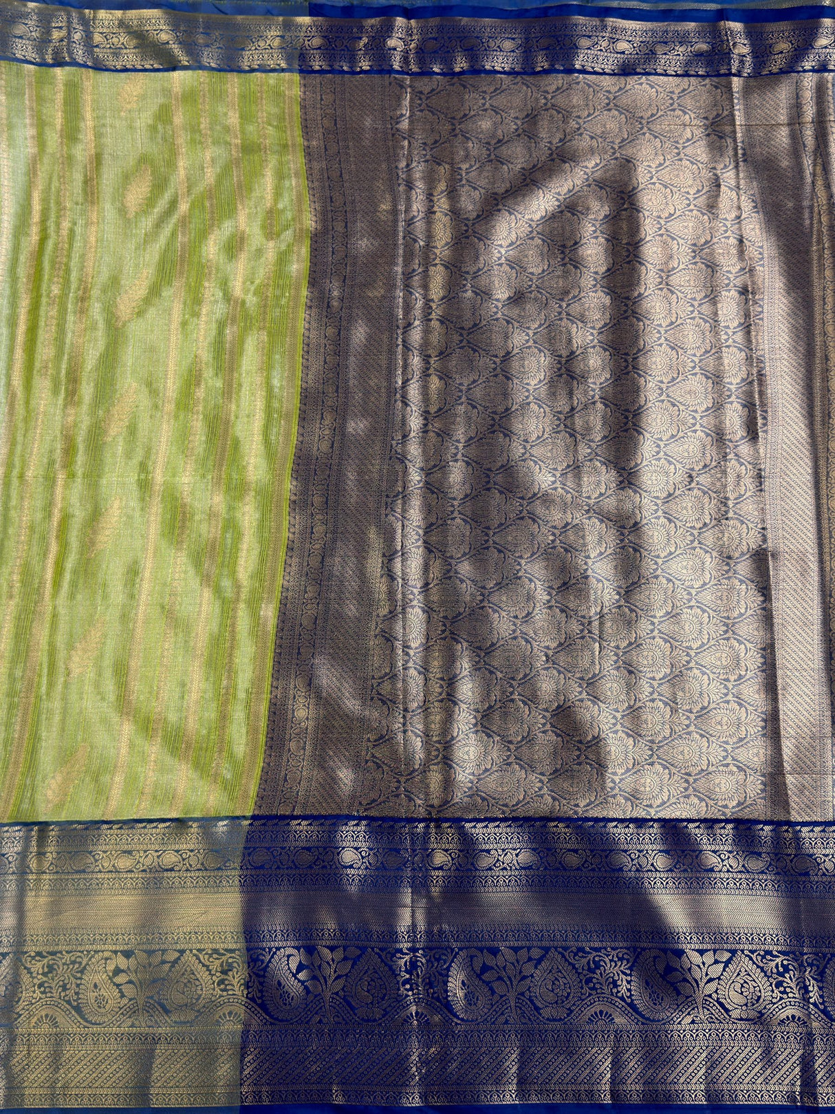 MIMOSA Parrot Green Banarasi Art Silk Saree — pallu and zari work detail