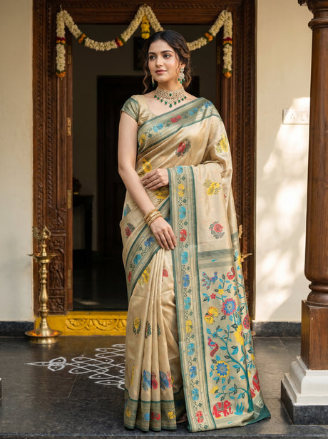 MIMOSA Green Paithani Art Silk Saree — Draped on Mannequin