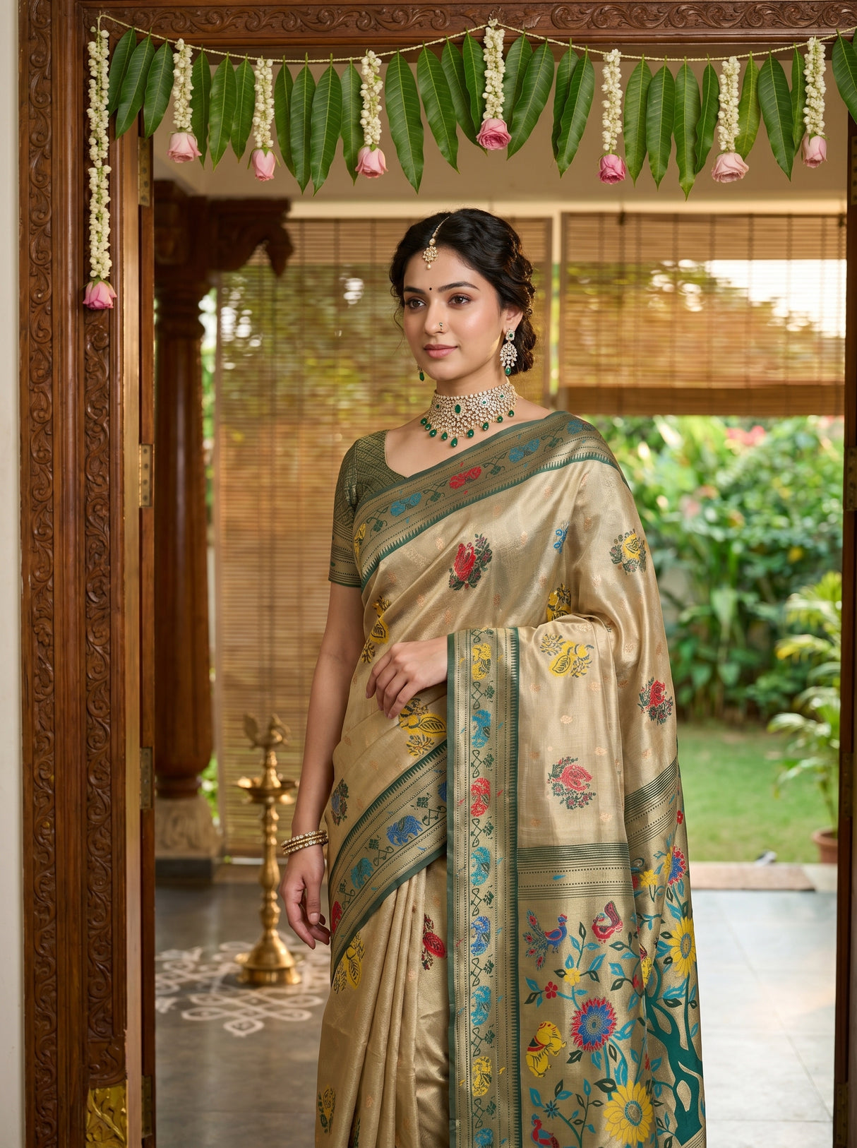 MIMOSA Green Paithani Art Silk Saree — Lifestyle View