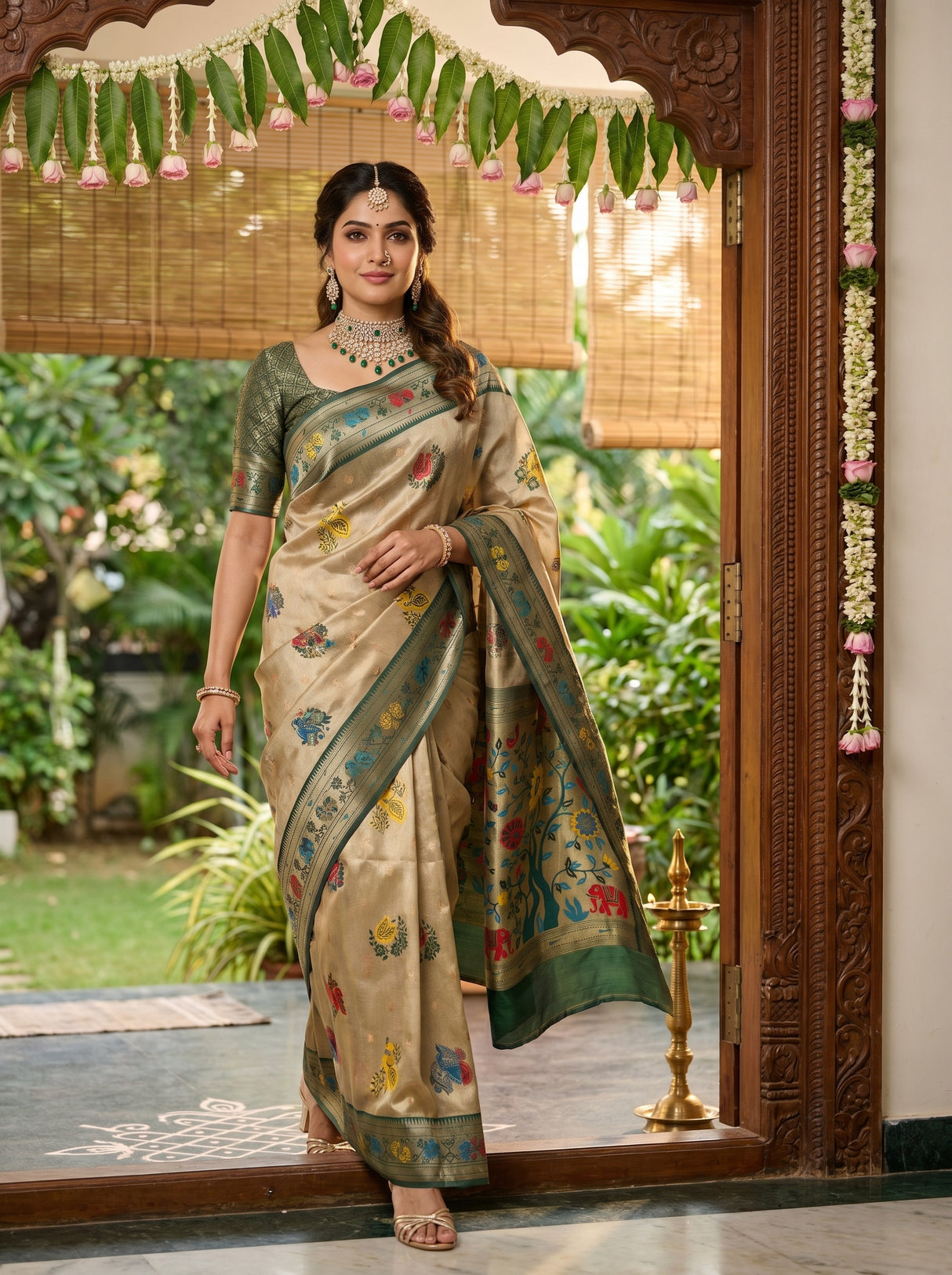 MIMOSA Green Paithani Art Silk Saree — pose 6 styling detail