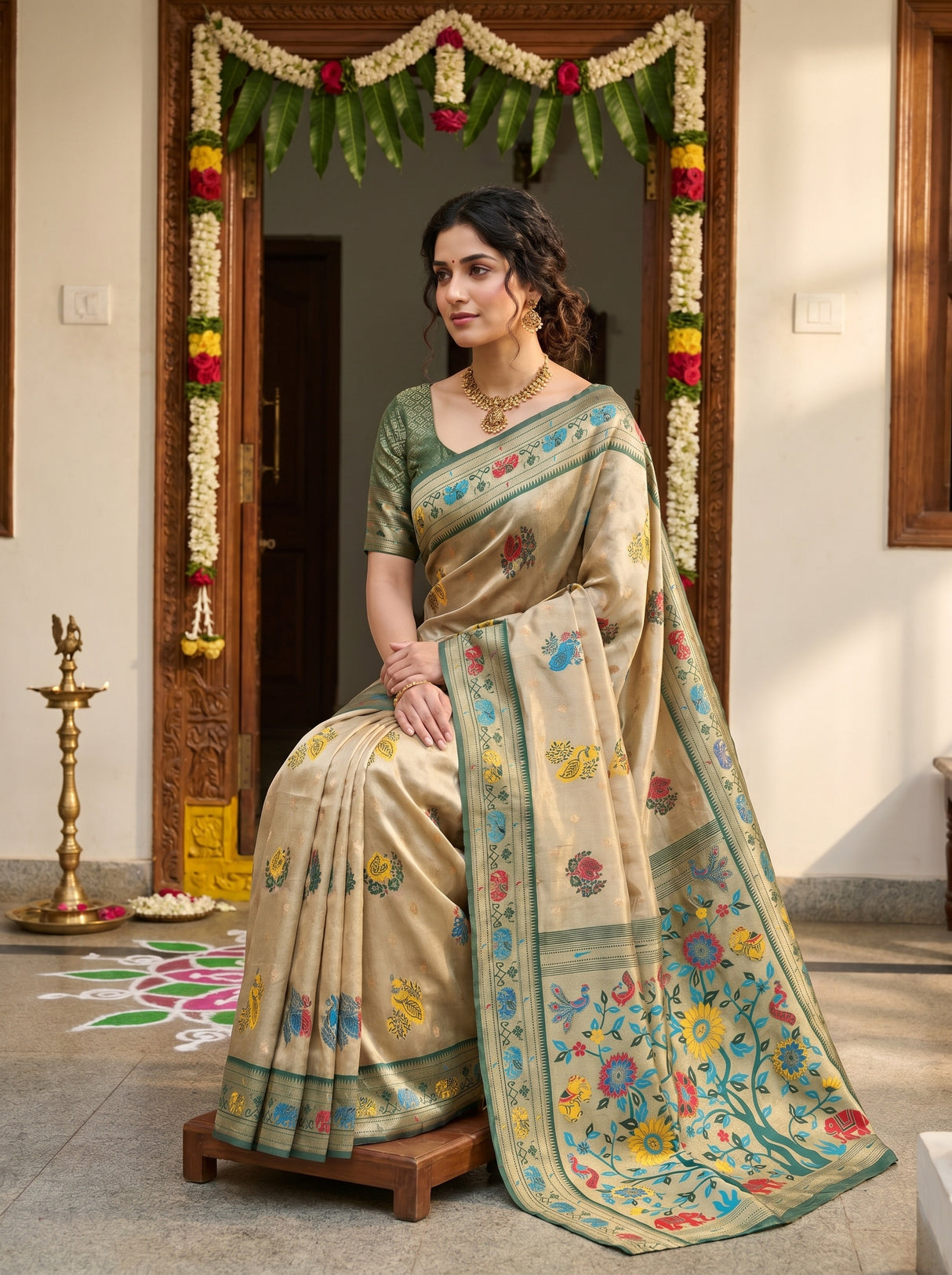 MIMOSA Green Paithani Art Silk Saree — pose 8 styling detail