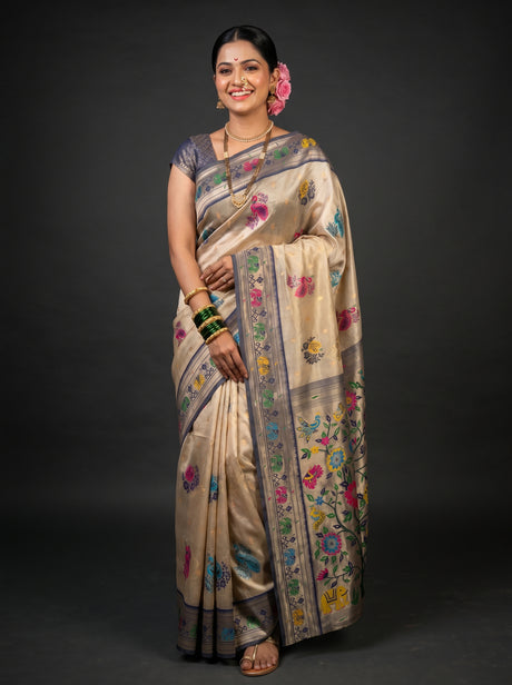 MIMOSA Navy Paithani Art Silk Saree — Draped on Mannequin