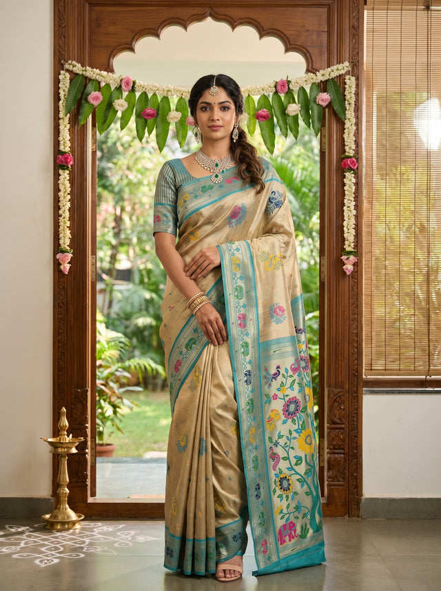 MIMOSA Saffire Paithani Art Silk Saree — Draped on Mannequin
