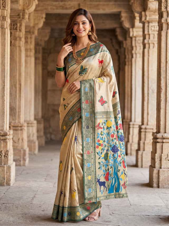 MIMOSA Green Paithani Art Silk Saree — Mannequin Draped