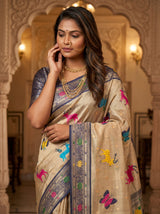 MIMOSA Navy Paithani Art Silk Saree — Model Pose in Heritage Setting
