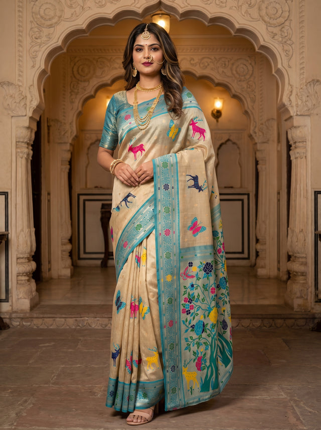 MIMOSA Saffire Paithani Art Silk Saree — Mannequin Draped