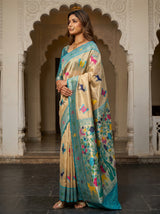 MIMOSA Saffire Paithani Art Silk Saree — Model Pose in Heritage Setting