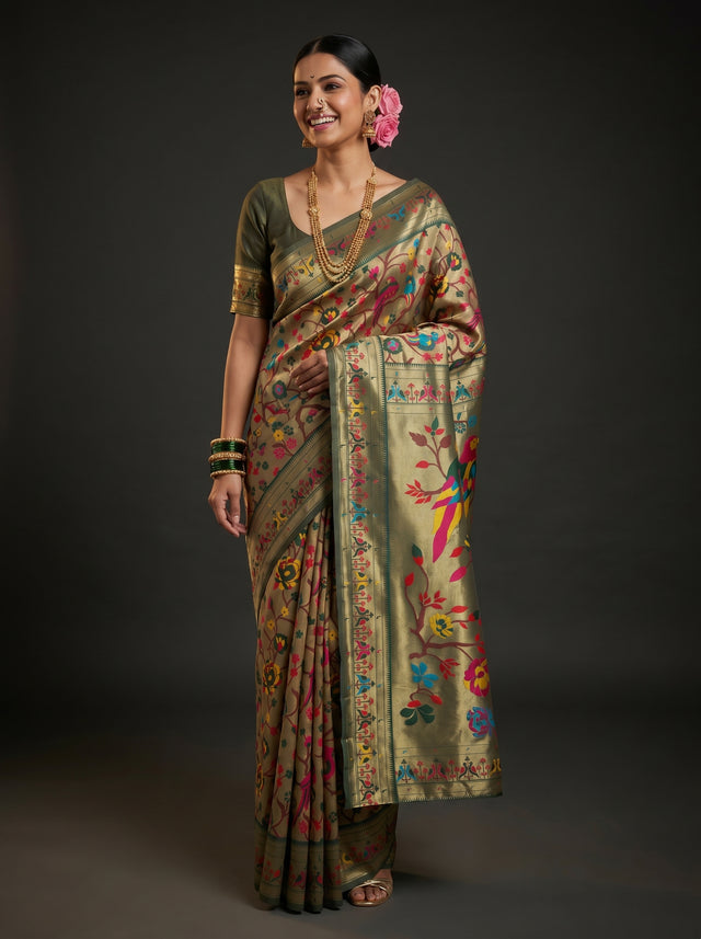 MIMOSA Green Paithani Art Silk Saree — Mannequin draped view