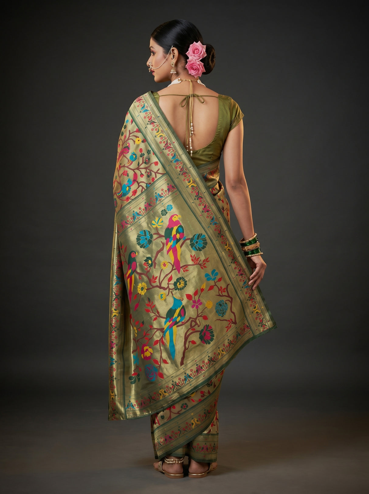 MIMOSA Green Paithani Art Silk Saree — Blouse fabric detail