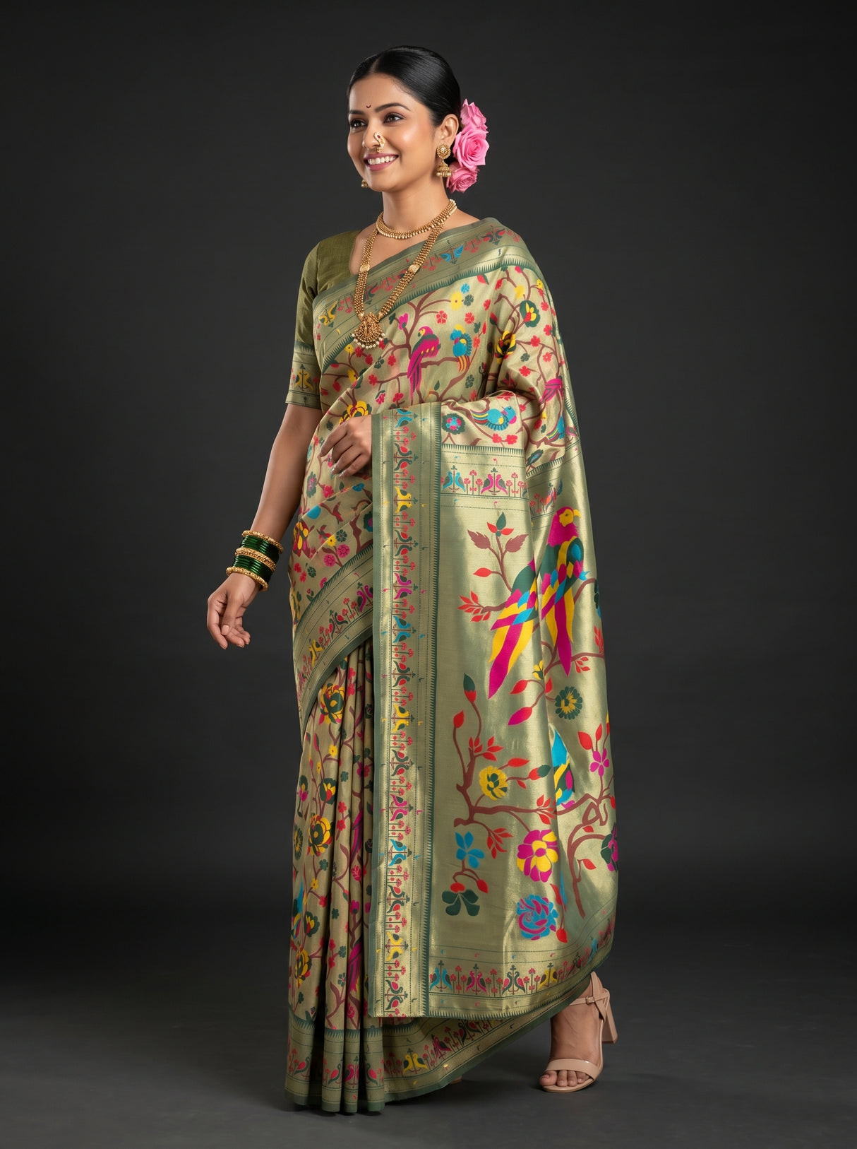 MIMOSA Green Paithani Art Silk Saree — pose 5 styling detail