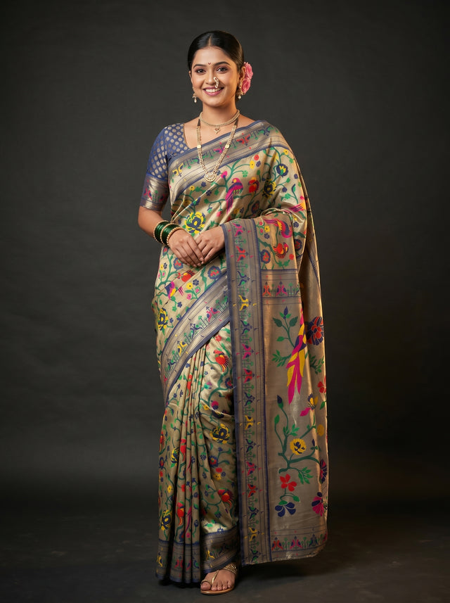 MIMOSA Navy Paithani Art Silk Saree — Mannequin draped view
