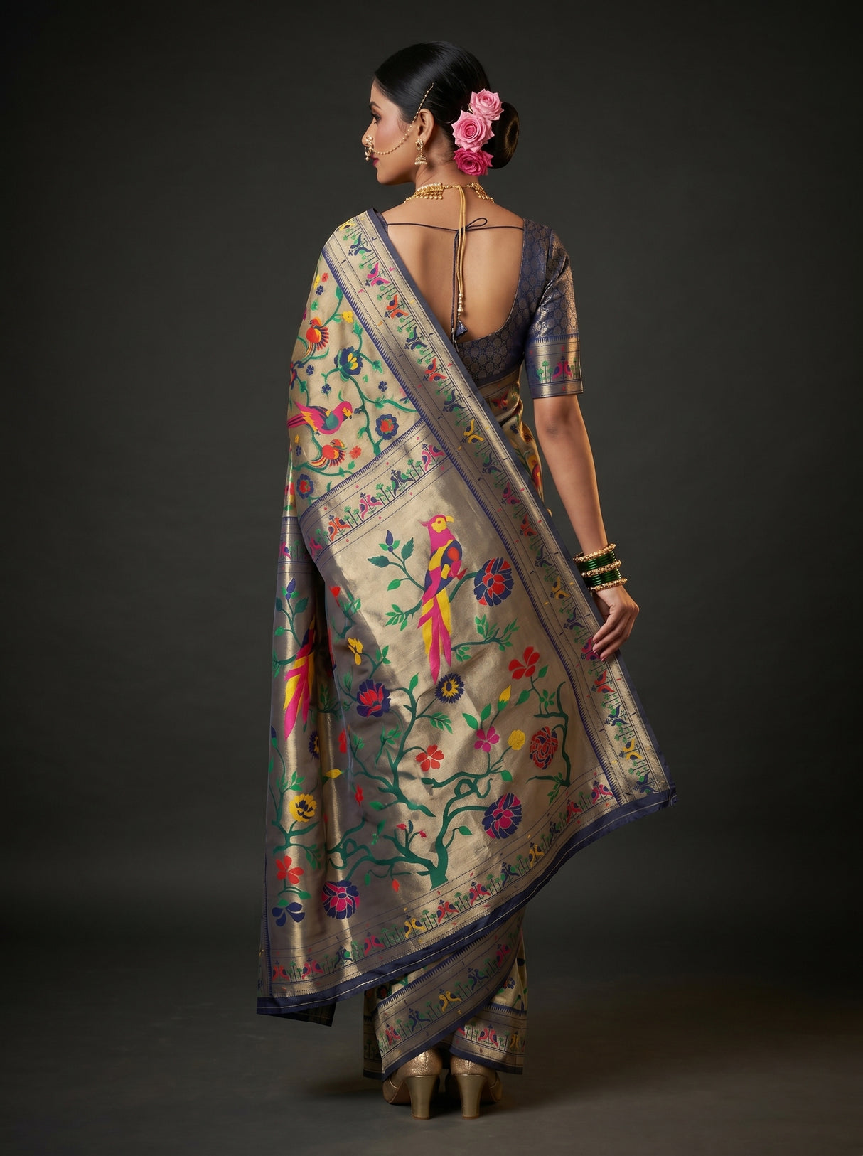 MIMOSA Navy Paithani Art Silk Saree — Blouse fabric detail