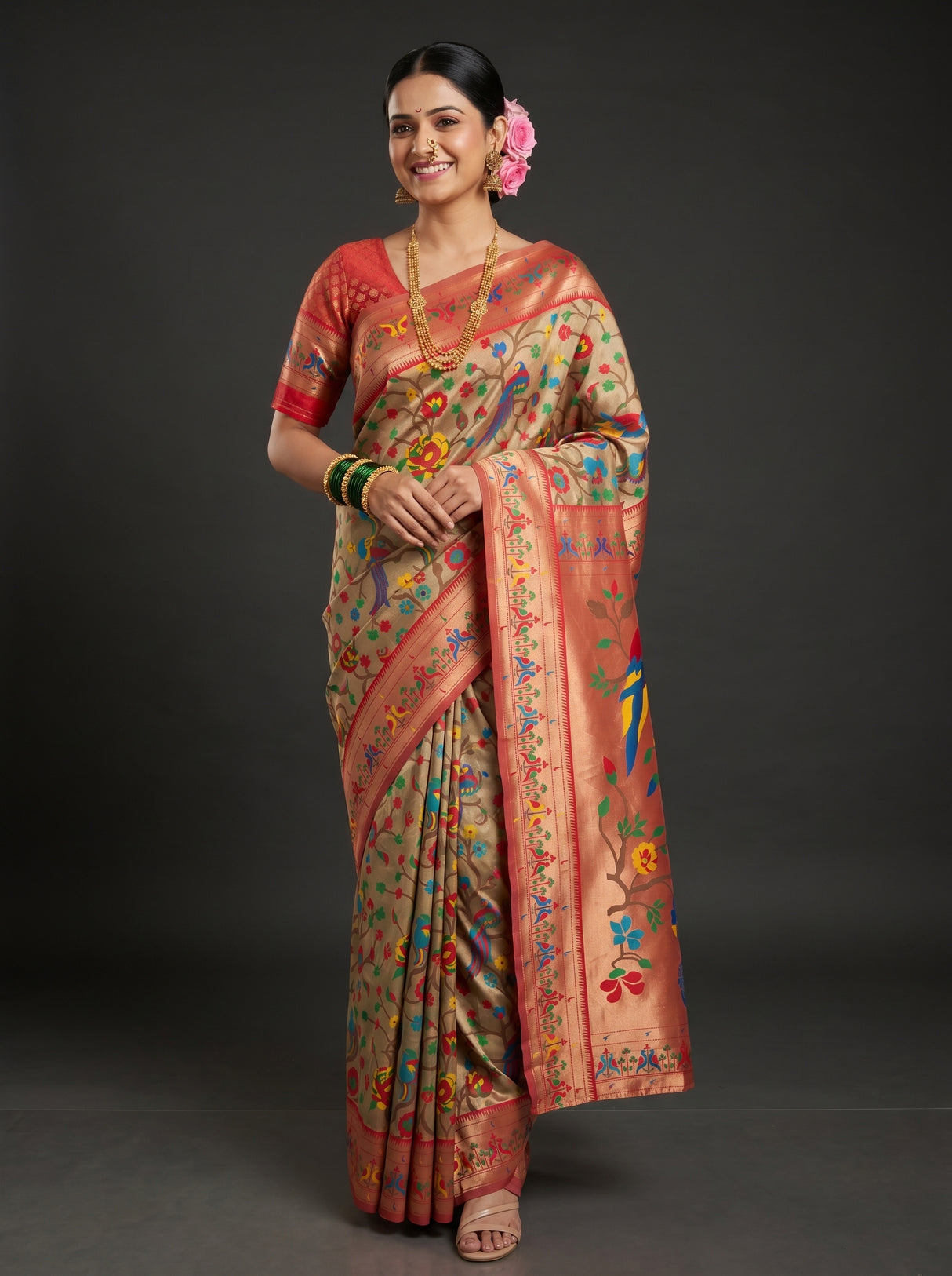 MIMOSA Red Paithani Art Silk Saree — Mannequin draped view