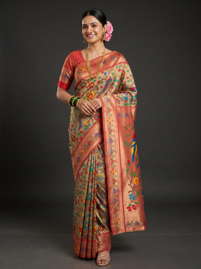 MIMOSA Red Paithani Art Silk Saree — Mannequin draped view