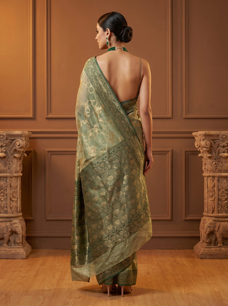 MIMOSA Green Banarasi Art Silk Saree — close-up of blouse and jewellery