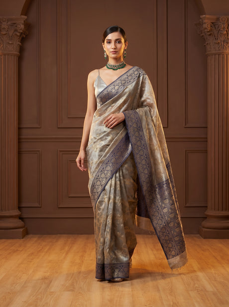 MIMOSA Navy Banarasi Art Silk Saree — full view