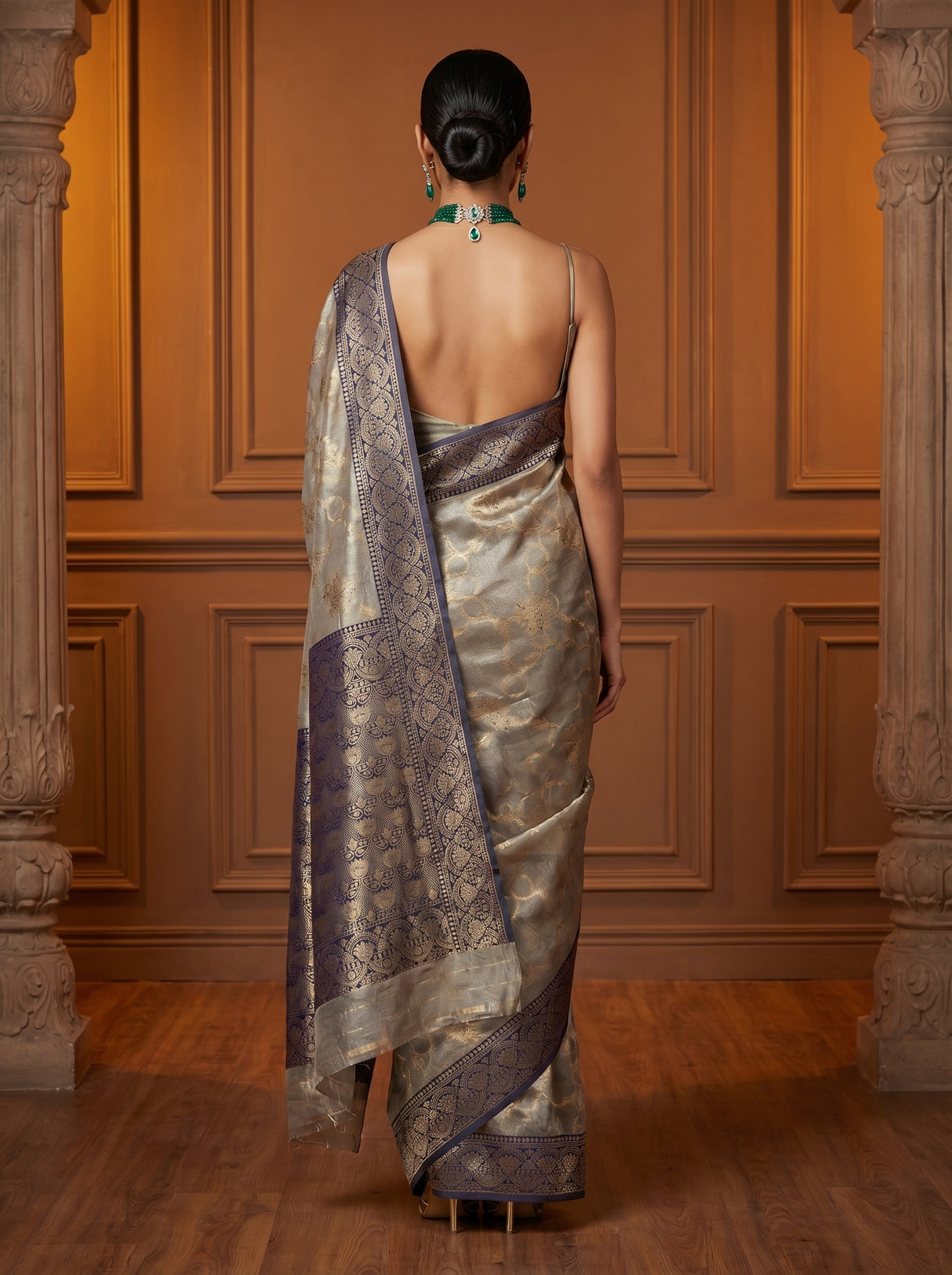 MIMOSA Navy Banarasi Art Silk Saree — close-up of blouse and jewellery