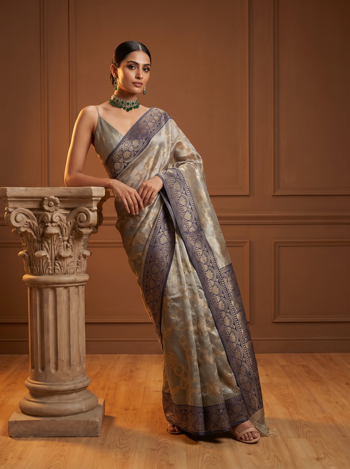 MIMOSA Navy Banarasi Art Silk Saree — view of the drape and fabric shine