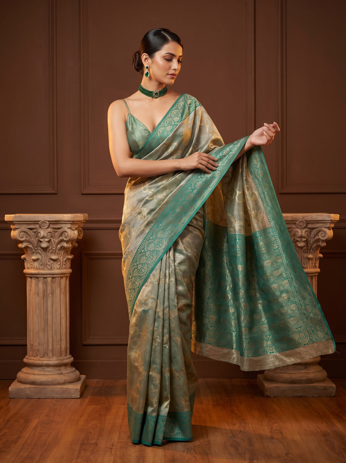 MIMOSA Saffire Banarasi Art Silk Saree — view of the drape and fabric shine